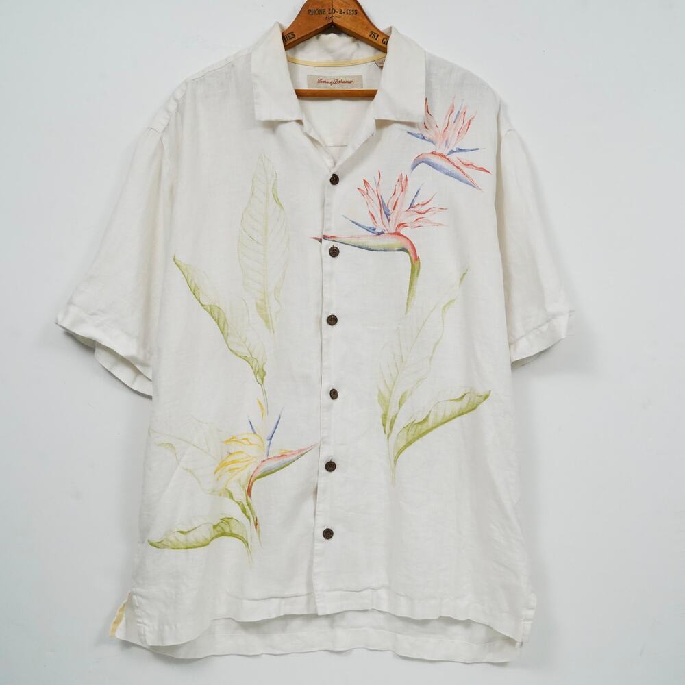 Tommy Bahama 100% Linen Hawaiian Camp Shirt Men's L Bird of Paradise Floral
